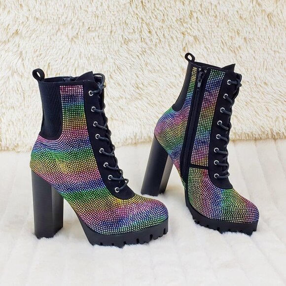 Wild Diva Shoes - Rainbow Sparkle Rhinestone Chunky High Heel Ankle Boots